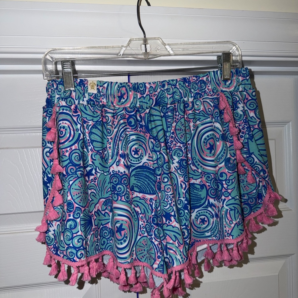Simply Southern Blue Teal Pink Patterned Tassel Shorts